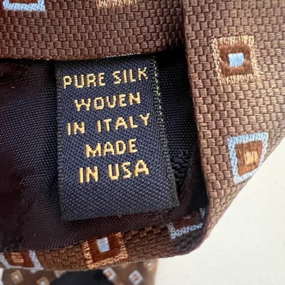 Brooks Brothers Necktie Brown Blue Square Motif Designer Geometric Pure Silk USA - Picture 3 of 6